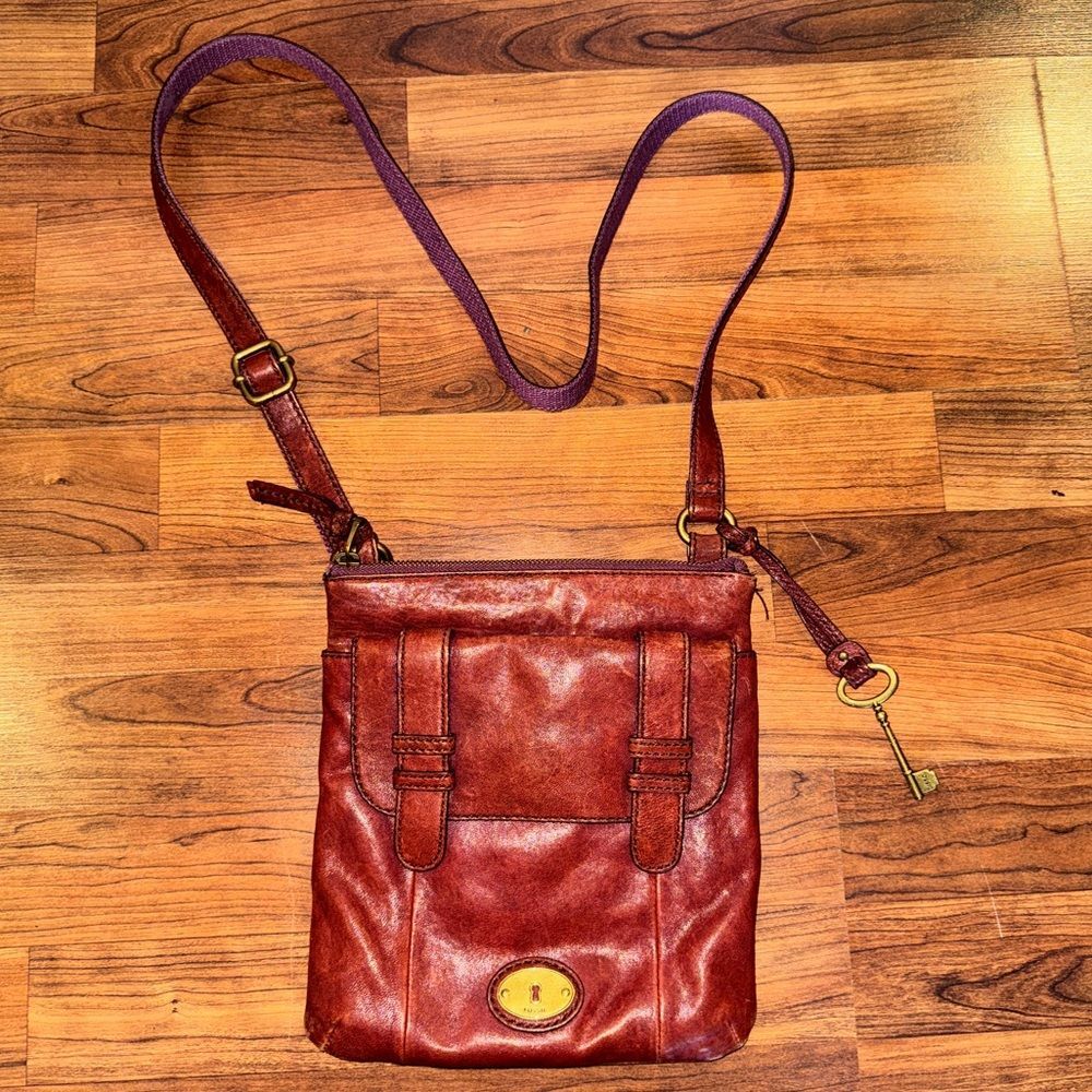 Fossil Red Leather Crossbody with Key Charm